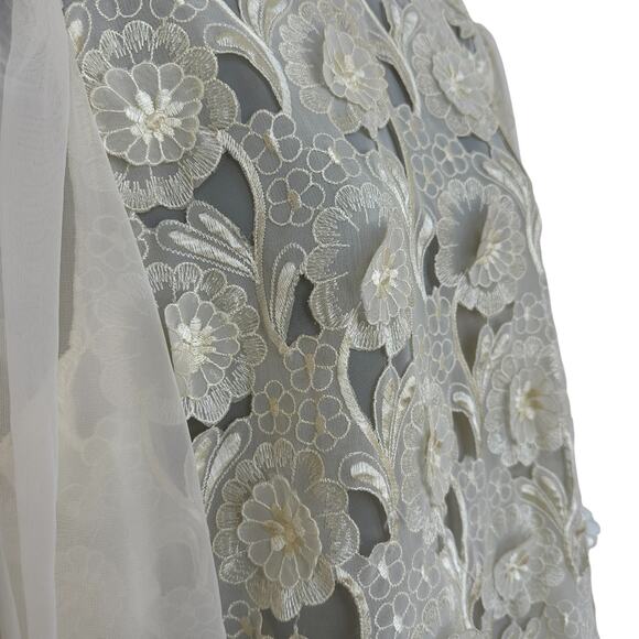 Vintage Chiffon Floral Dress Cream 3D Applique Flowers Sheer Women's Size Large - Picture 5 of 10